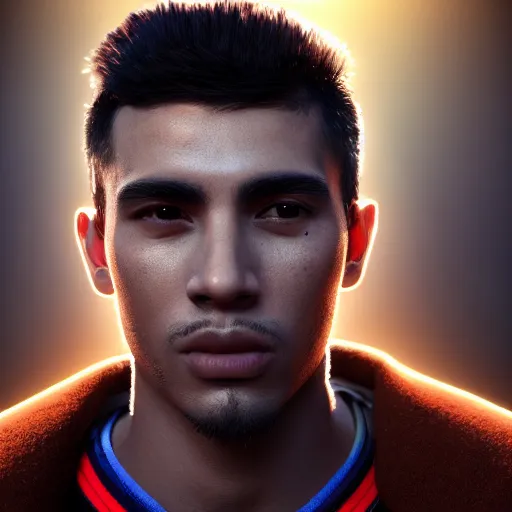 Image similar to portrait art of a good looking young Peruvian man with no facial hair, 8k ultra realistic, lens flare, atmosphere, glow, detailed,intricate, full of colour, cinematic lighting, trending on artstation, 4k, hyperrealistic, focused, extreme details,unreal engine 5, cinematic, masterpiece