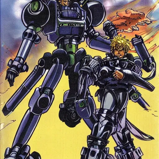 Prompt: Spike spiegel as a curly-haired persian guy fighting a massive mecha suit by masamune shirow-n 7