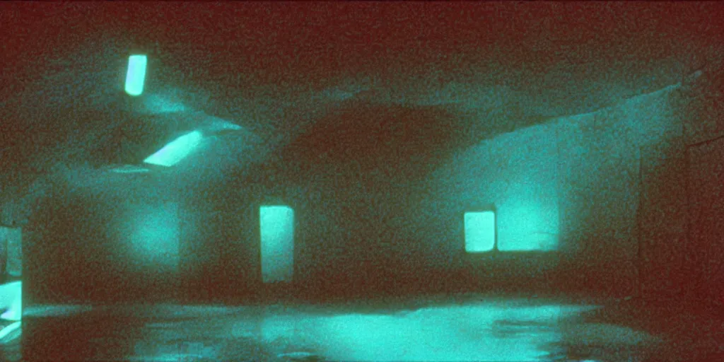 Prompt: color film still, a large wall with the sea painted on it. floor, ceiling with fluorescent lights ; alien 2 ( 1 9 8 6 )