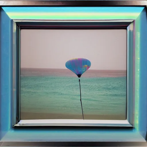 Image similar to a pastel colour high fidelity wide angle Polaroid art photo from a holiday album at a seaside with abstract inflatable parachute furniture, all objects made of transparent iridescent Perspex and metallic silver, a festival happens far in the distance, iridescence, nostalgic