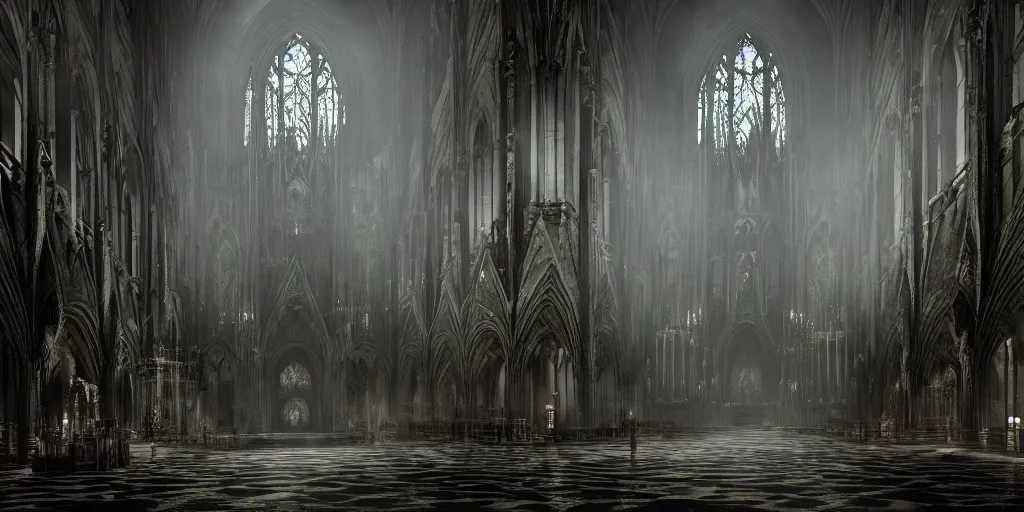 Prompt: cinematic movie scene, 2 0 0 mm wide shot, precise architectural rendering, interior of a dark gloomy catherdal made from bones skulls skin and wires, gothic architecture, detailed illustration, moody atmospheric lightng sharp focus, concept art, unreal engine, octane render, god rays h 7 6 8