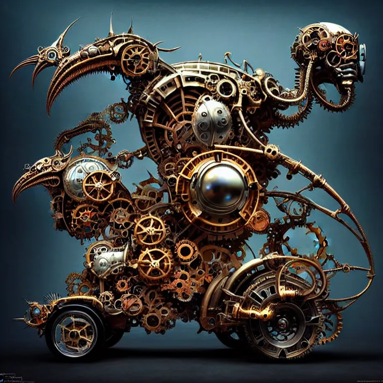 Image similar to biomechanical shiny steampunk vehicle reminiscent of fast sportscar with robotic parts and (glowing) lights parked in ancient lush palace, gothic and baroque, brutalist architecture, ultradetailed, creepy ambiance, fog, artgerm, giger, Intricate by Ellen Jewett and Josan Gonzalez and Giuseppe Arcimboldo