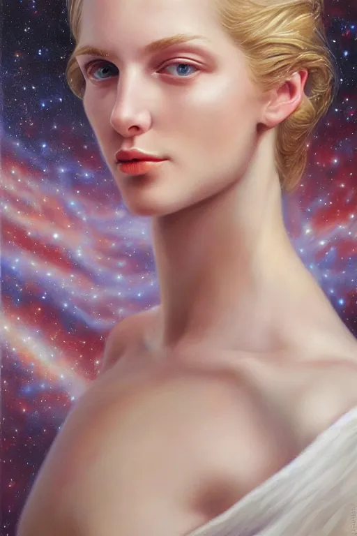 Prompt: hyperrealism oil painting, close - up portrait of blonde fashion model with pale skin in soft light, classicism style, space galaxy background, by mike dargas