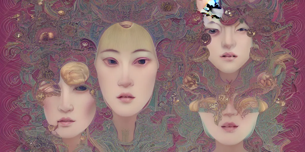 Prompt: breathtaking detailed concept art painting art deco pattern of blonde faces goddesses by hsiao - ron cheng, amalgamation flowers, bizarre compositions, kaleidoscope, exquisite detail, extremely moody lighting, 8 k