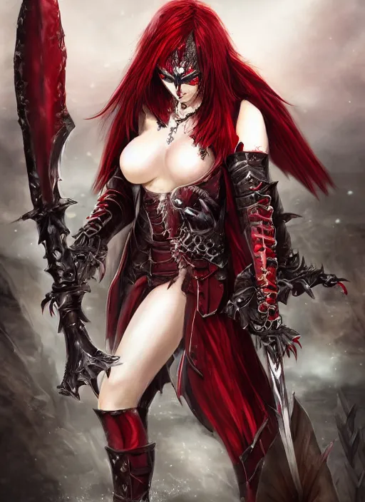 Image similar to female vampire knight, barefoot, full plate armor, heavy armor, carnival mask, giant two - handed sword dripping blood, crimson wings, grinning, barefeet, fantasy art.