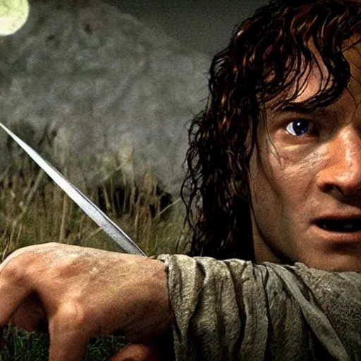 Prompt: a still of from the movie the lord of the rings : the fellowship of the ring crossover with the game outlast