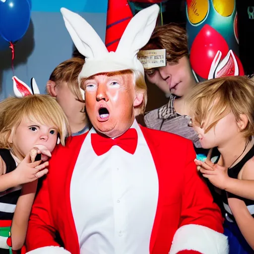 Image similar to professional photography Donald Trump cosplay as Bugs Bunny spying on children at a birthday party, high quality, good lighting, masterpiece, beautiful beautiful beautiful beautiful beautiful