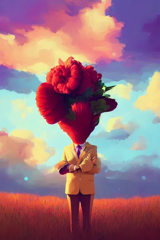 Image similar to portrait, giant flower as head, black woman in suit, surreal photography, golden hour, colorful clouds, impressionist painting, digital painting, artstation, simon stalenhag