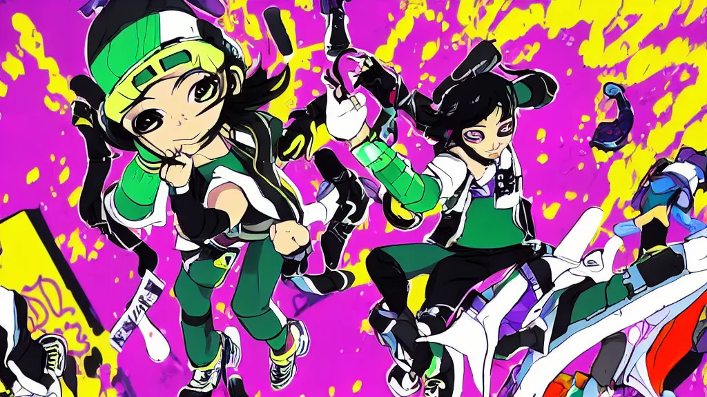 Image similar to jet set radio style anime, with diverse female characters on skates, set in colourful future city