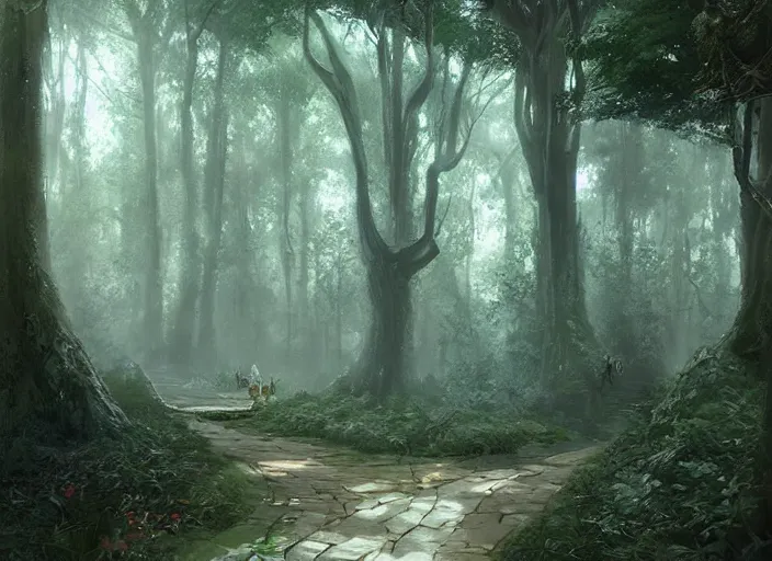 Image similar to A beautiful pathway in a forest with fairies, lush trees, a fantasy digital painting by Greg Rutkowski and James Gurney, trending on Artstation, highly detailed