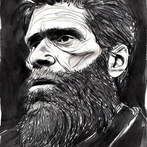 Prompt: a realistic yet scraggly portrait sketch of the side profile of a stern and sophisticated willem dafoe with a beard, trending on artstation, intricate details, in the style of frank auerbach, in the style of sergio aragones, in the style of martin ansin, in the style of david aja, in the style of mattias adolfsson