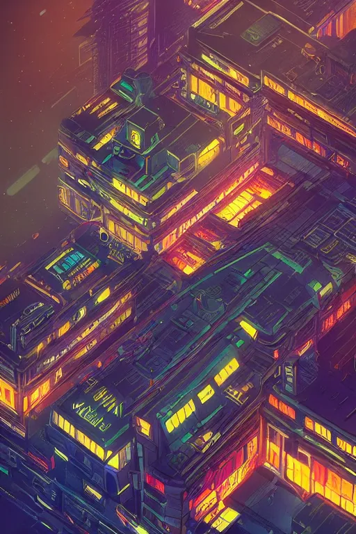 Image similar to cyberpunk buildings with a flight vehicle glowing in the sky, neon sign, bottom view, bladerunner, digital illustration, artstation, cinematic composition