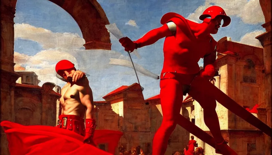 Prompt: only with red, a red gladiator in a crowded roman amphitheatre, crowd cheers him, in the style of rolf armstrong and ambrosius benson and edward hopper, intricate and epic composition, red by caravaggio, highly detailed, masterpiece, red light, artstation