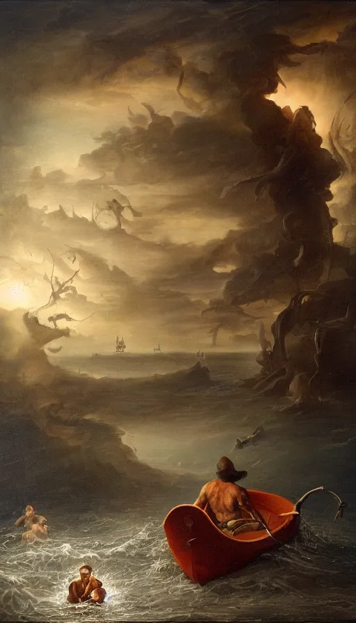 Image similar to man on boat crossing a body of water in hell with creatures in the water, sea of souls, by jason de graaf