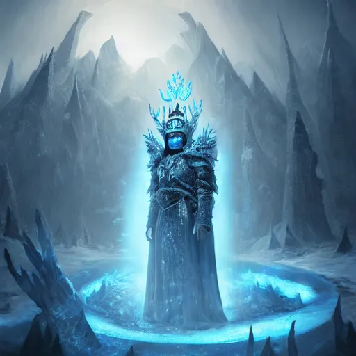 Prompt: a matte painting of the lich king wearing a crown made of ice, frozen, world of warcraft, digital art, fantasy, realistic lighting, in the style of greg rutkowski