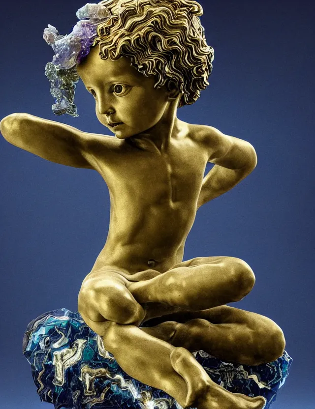 Image similar to a sculpture of a winged child made from blue and emerald and amethyst crystal geode formations with flowing marble water with obsidian base with liquid gold tendrils flowing by carlo maria mariani by stanisław szukalski, octane render, byzantine, spirals, elestial crystals, geode,