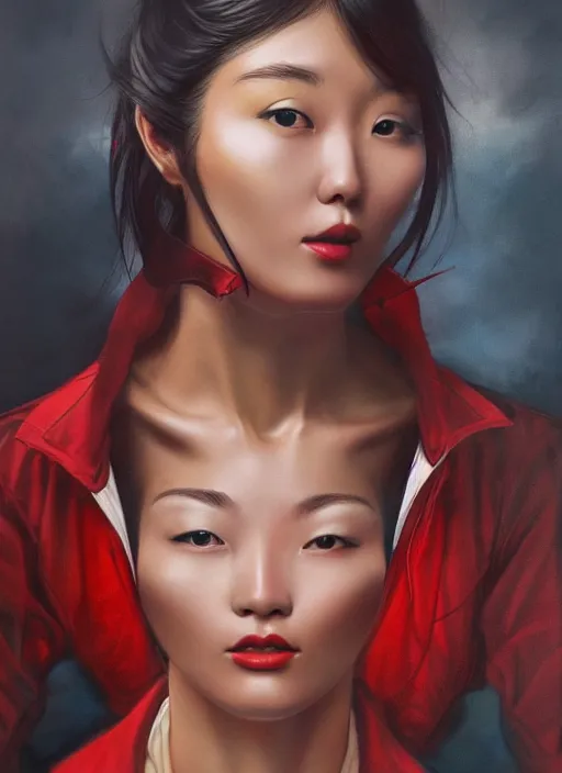 Image similar to a portrait of a korean woman merged with a fire truck, art by boris vallejo and greg danton and denys tsiperko, detailed, hyperrealism, artstation