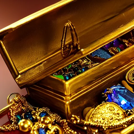 Image similar to A treasure chest filled with jewels and golden artefacts, 4k, hdri, museum quality photo