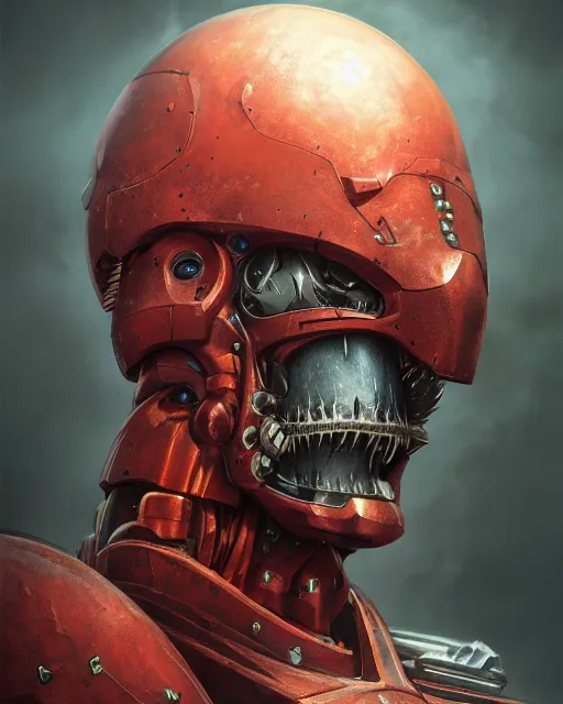 Prompt: hyper realistic portrait of heroic warhammer 4 0 k android head, cinematic, chaos marine, artstation, cgsociety, full head and shoulders, giger, beksinski, brom redshift, vray, octane