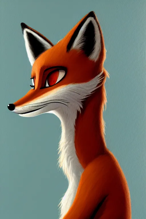 Image similar to oil painting of anthromorphic female fox, in style of zootopia, female fursona, furry, furaffinity, 4 k, deviantart, furry art, fursona art, wearing black business suit, business suit, fox fursona, female, smug expression,