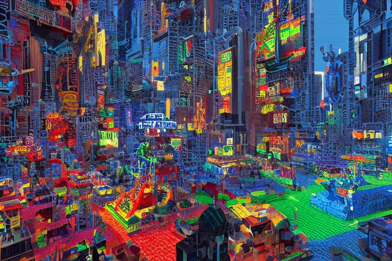 Image similar to Carnival, very highly detailed face's and body's. Voxel art by Caravaggio, cyan dimensional light, Details by Caravaggio, Cyberpunk city as Background by Hiromasa Ogura