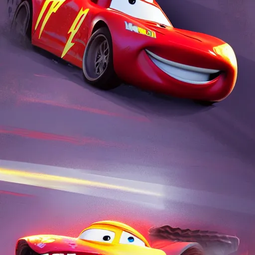 Image similar to lightning mcqueen crash in heavily by greg rutkowski