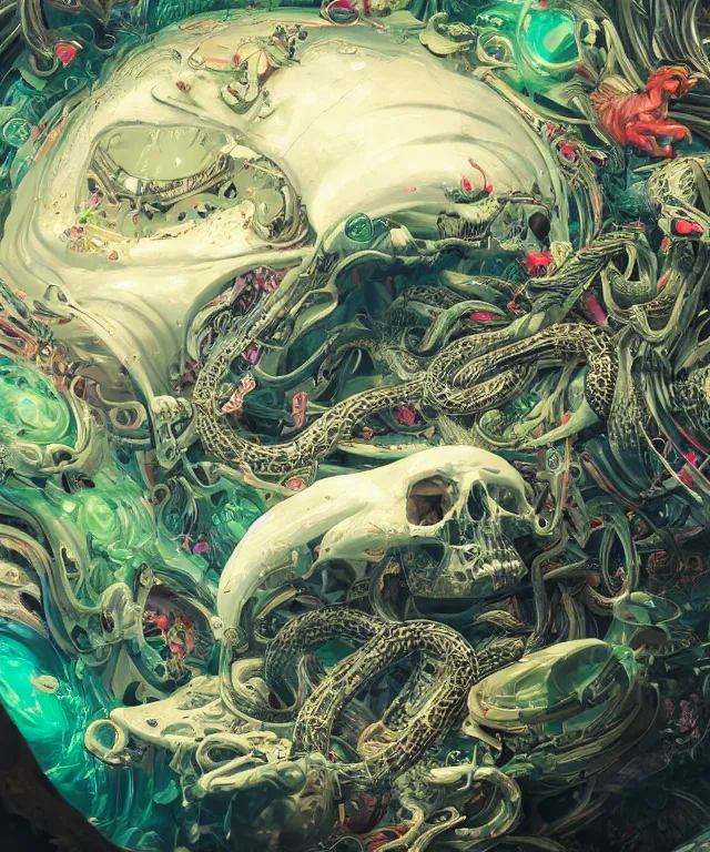 Image similar to hyperdetailed maximalist artwork by billelis inspired by oozium. Artstation. 8k 4k 64megapixels seen from below. Ant's eye perspective. Focus Giant floating alabaster skull drapped over with 1000 twirling emerald snakes. Unreal engine 5. Surreal render. Slightly blurry speedpainted minimal Swiss landscape below in the style of loish and holosomnia. Unrealistic harmonic colors. Sundown.