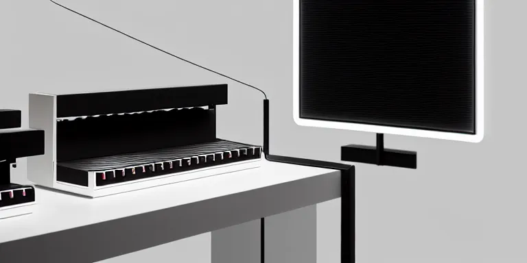 Prompt: dezeen showroom , minimalissimo, archdaily, , teenage engineering moad, mother of all decks, product design concept,product shot of moog melotron synthesizer with gradient screen designed by jony ives, dieter rams, 8k, highly detailed photo