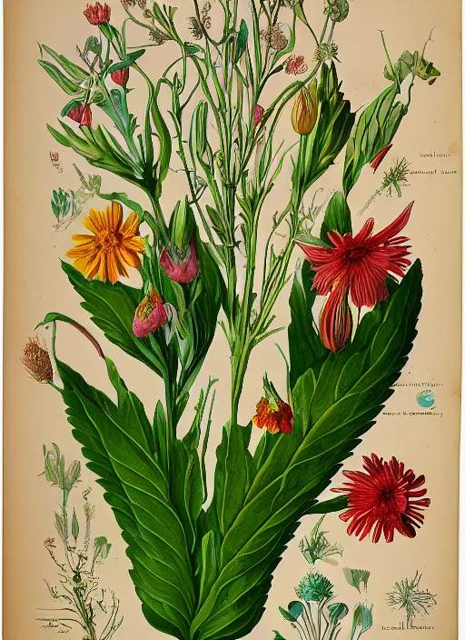 Prompt: fantasy scientific botanical illustration of colorful flower with a big female mouth