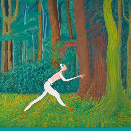 Prompt: woman and woodland beast dancing in a clearing in the forest, by david hockney, james jean, concept art, with 3 d geometric accents, 4 k