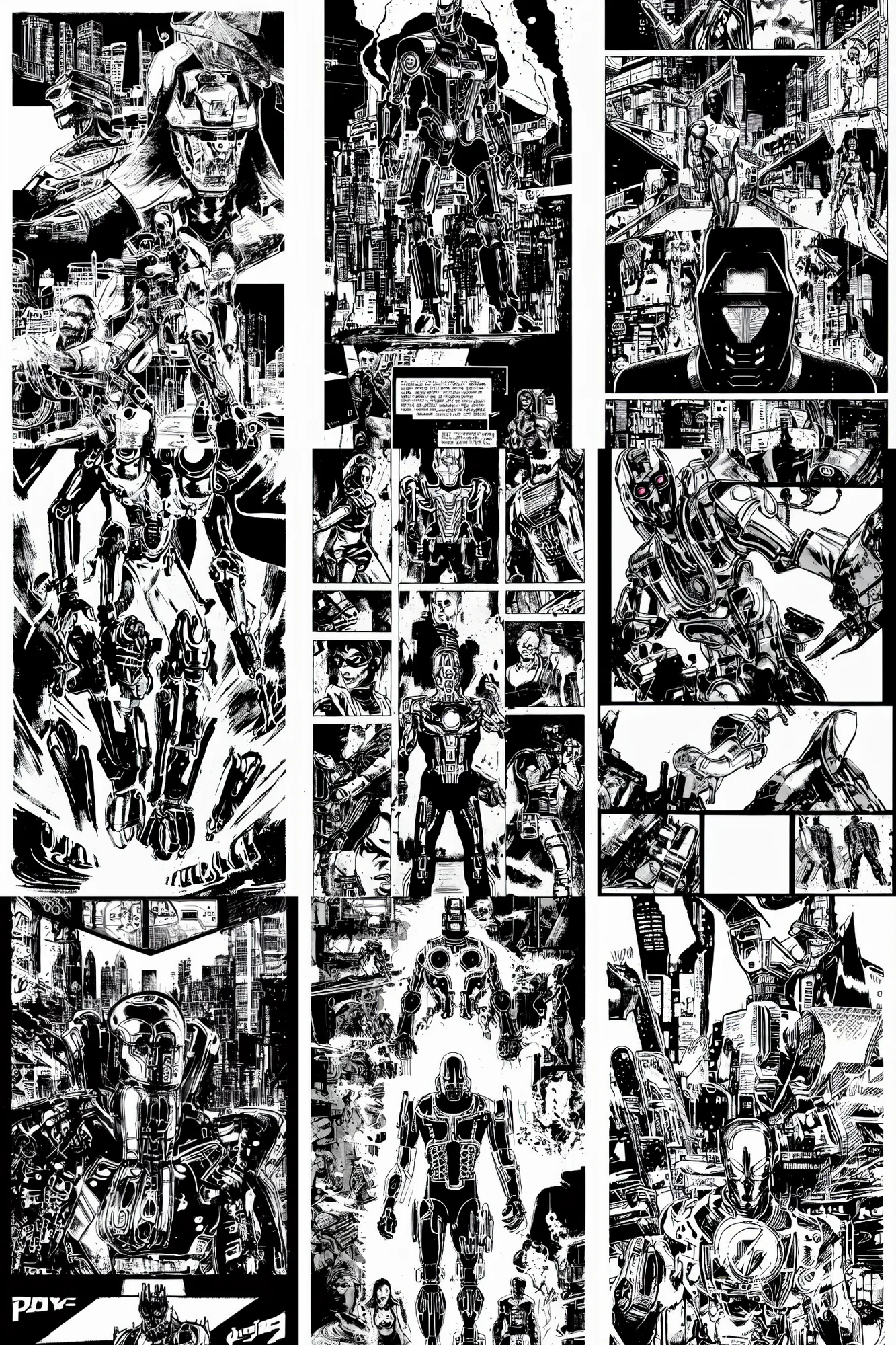 Image similar to ultron, a page from cyberpunk 2 0 2 0, style of paolo parente, style of mike jackson, adam smasher, johnny silverhand, 1 9 9 0 s comic book style, white background, ink drawing, black and white