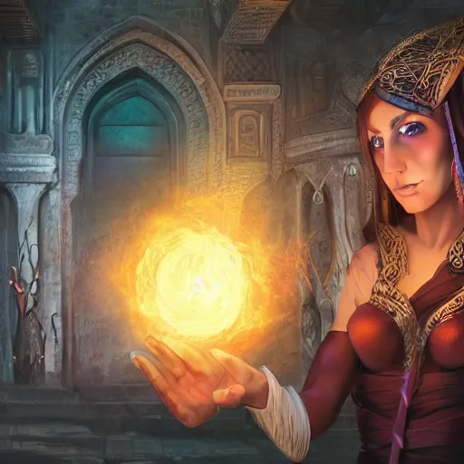 Image similar to digital art of half-elf sorceress from dungeons and dragons, a fireball spell forms in her hands, in a crowded ancient persian city, insanely detailed, depth of field unreal engine ultra-wide angle lens, volumetric lighting, vivid color,