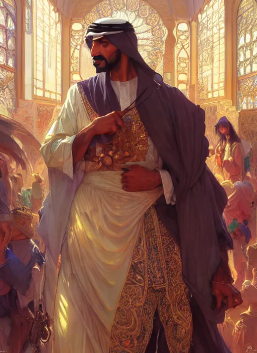 Prompt: an arabian man in the market, shiny, fantasy, intricate, elegant, hyper detailed, ultra definition, photoreal, artstation, unreal engine rendered, concept art, smooth, sharp focus, illustration, art by artgerm and greg rutkowski and alphonse mucha and garis edelweiss