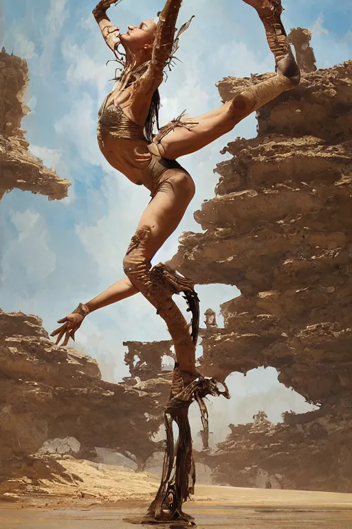 Image similar to a full body portrait of a beautiful post apocalyptic offworld desert gymnast leaping in ballet dance pose by the emerald oasis pools, intricate, elegant, highly detailed, digital painting, artstation, concept art, smooth, sharp focus, illustration, art by krenz cushart and artem demura and alphonse mucha