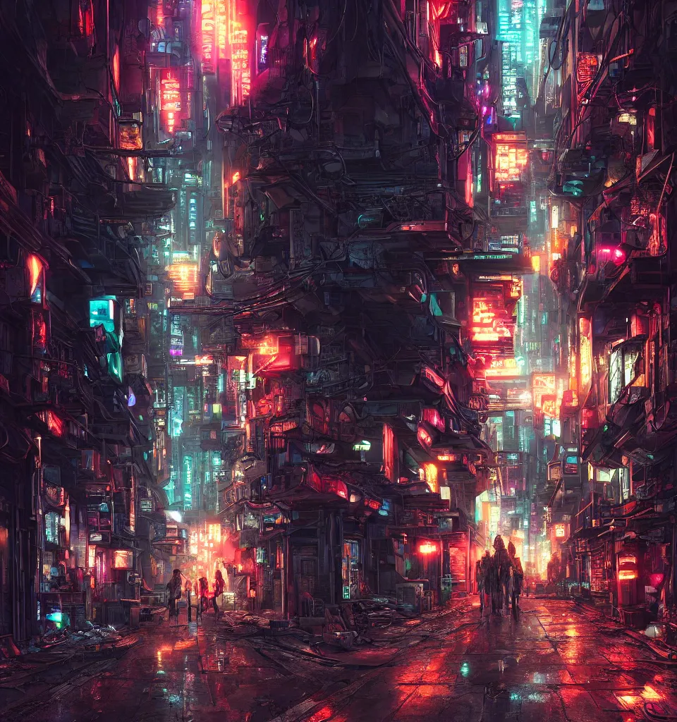 Image similar to back alley road in a cyberpunk metropolis, cinematic, highly detailed, octane render, rich cinematic atmosphere, perfect digital art, mystical journey in strange world, cyberpunk, sci - fi, surreal, glowing lights, sharp focus, high detailed, by akihiko yoshida, michael whelan and karol bak