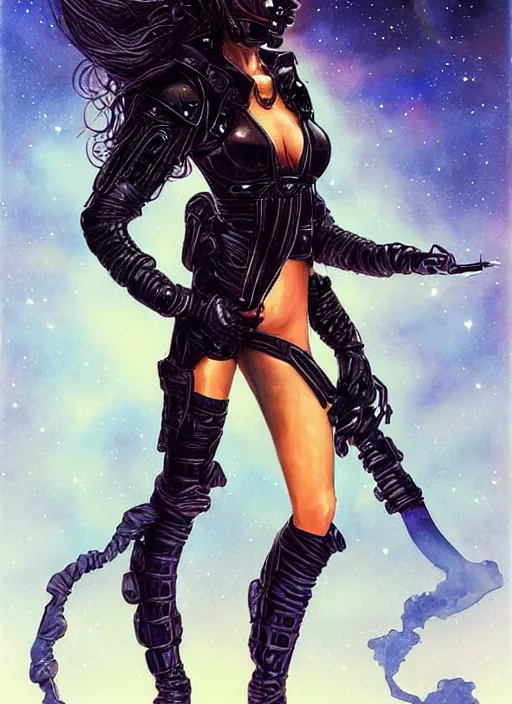 Image similar to portrait of female space pirate, night sky background, beautiful! coherent! by brom, deep color, strong line, high contrast