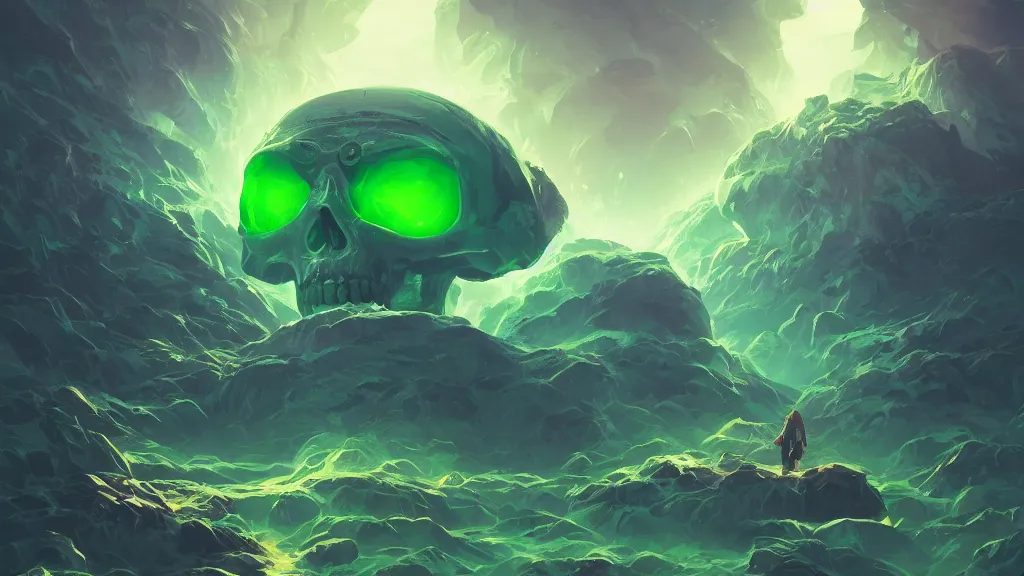 Prompt: giant green skull falls on the earth, meteor, crash, waves of energy, by sylvain sarrailh, rossdraws, ambient light, ultra detailed, fantasy artwork, 8 k, volumetric lighting, trending on artstation, award winning, very beautiful.