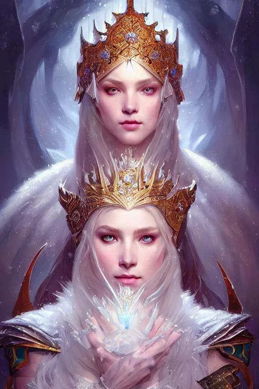 Image similar to portrait of a young beautiful snow queen, intricate colorful armor, Warhammer-inspired, fantasy, intricate, beautiful eyes, realistic, cinematic lighting, highly detailed, digital painting, Artstation, concept art, smooth, sharp focus, illustration, art by Artgerm and Greg Rutkowski and Alphonse Mucha