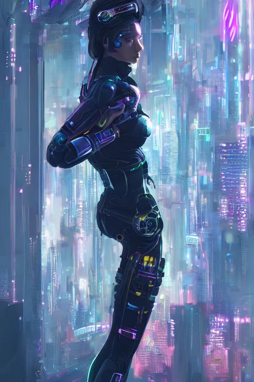 Image similar to portrait futuristic Cyber warrior Girl, in future cyberpunk tokyo rooftop , ssci-fi, fantasy, intricate, very very beautiful, elegant, neon light, highly detailed, digital painting, artstation, concept art, smooth, sharp focus, illustration, art by WLOP and tian zi and alphonse mucha