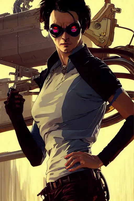 Prompt: gta him halpert as aeon flux profile picture by greg rutkowski, mad max, dynamic pose, intricate, futuristic, fantasy, elegant, by stanley artgerm lau, greg rutkowski, thomas kindkade, alphonse mucha, loish, norman rockwell, fantasy lut, asymmetric, long hair, retro computer graphics, video game, fluid lines,