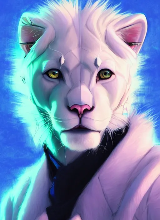 Prompt: award winning beautiful portrait commission of a male furry anthro albino mountain lion fursona with a tail and a cute beautiful attractive detailed furry face wearing stylish cyberpunk clothes in a cyberpunk city at night while it rains. Blue and pink. Character design by charlie bowater, ross tran, artgerm, and makoto shinkai, detailed, inked, western comic book art