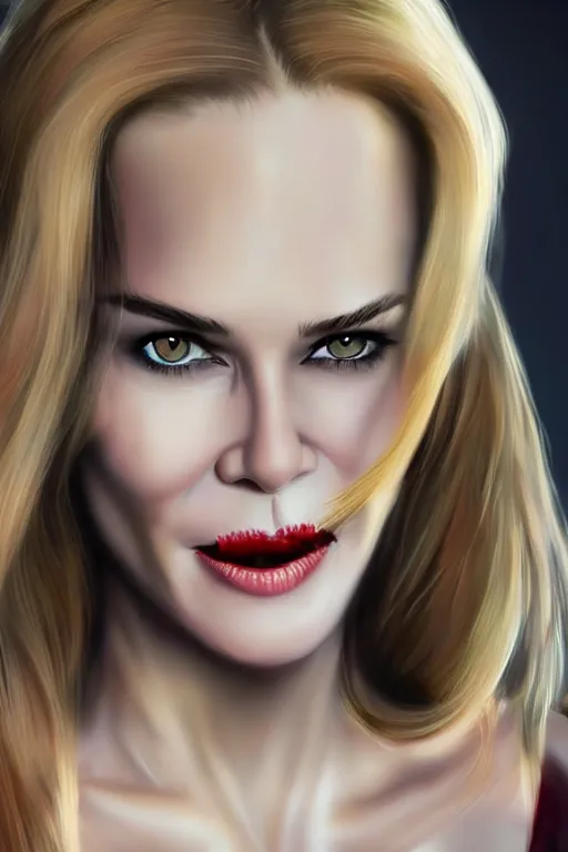 Image similar to mix of beautiful young maria shriver, mariel hemmingway, brooke shields, nicole kidman and elle macpherson as a vampire showing vampire teeth, ready to bite, thin lips, hair tied up in a pony tail, dark blonde hair, colorful, deviantart, artstation, cgsociety