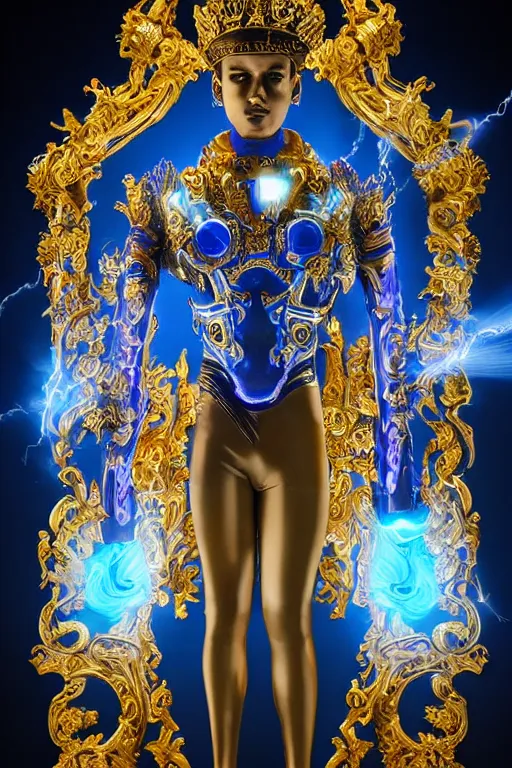 Image similar to full-body sculpture of a young handsome Latino prince as a half cibernetic android with a glowing blue battery in his chest, white laser beam coming out of his eyes, crown of giant diamonds, flowing neon-colored silk, fabric, raptors, in a cyperbunk and baroque style. baroque elements. full-length view. baroque element. intricate artwork by caravaggio. many many birds birds on background. Trending on artstation, octane render, cinematic lighting from the right, hyper realism, octane render, 8k, depth of field, 3D