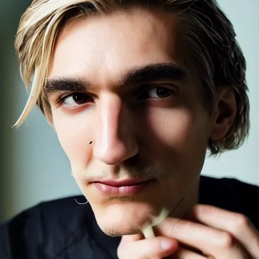 Image similar to a closeup photo of really handsome xqc smoking,