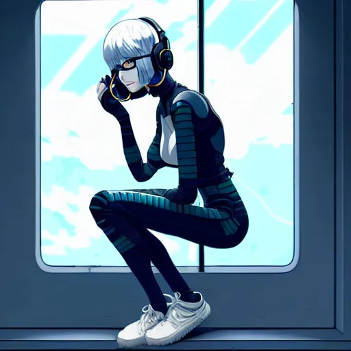 Image similar to cyborg - girl with silver hair, wearing headphones, and sitting on a window sill, highly detailed, painting, dark blue and black color palette, intricate, high quality anime artstyle, in the style of ilya kuvshinov