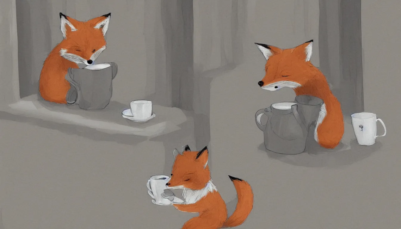 Prompt: A fox sipping a cup of tea near a window, furry art, digital art