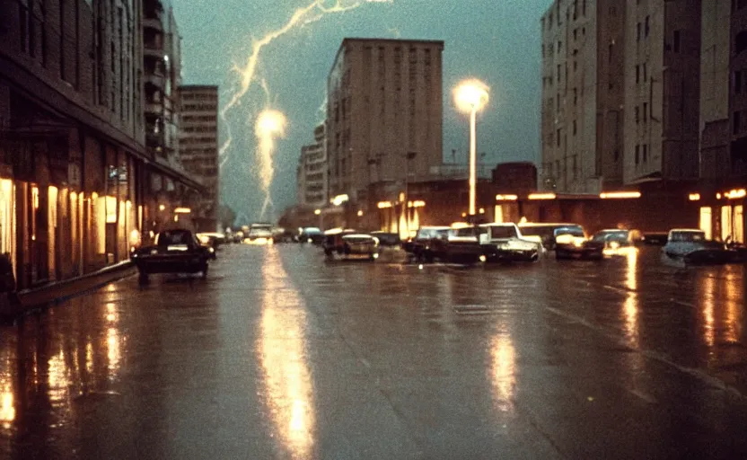 Prompt: 70s movie still of a sovietic street with pedestrians with soviet highrise in the backround , Cinestill 800t 18mm ektachrome color, heavy grainy picture, very detailed, high quality, 4k panoramic, HD criterion, dramatic lightning, streetlight at night, rain, gigantic marx portraits on the walls