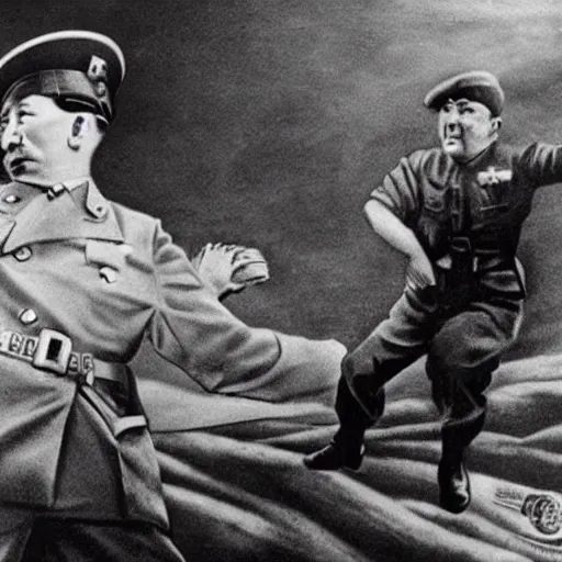 Prompt: adolf hitler fights kim jon il in world war 2 bomber photorealistic