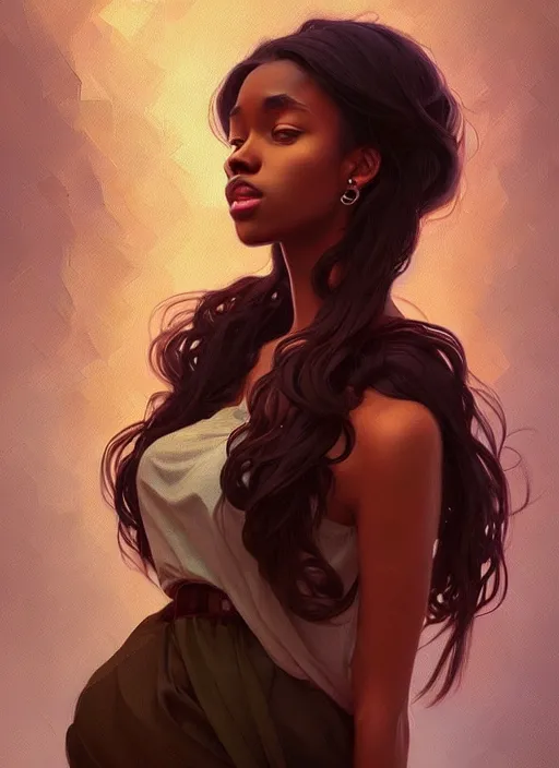 Image similar to handsome young black women with shoulder length brown hair, half body shot, path traced, highly detailed, high quality, digital painting, alena aenami, lilia alvarado, shinji aramaki, karol bak, alphonse mucha, tom bagshaw