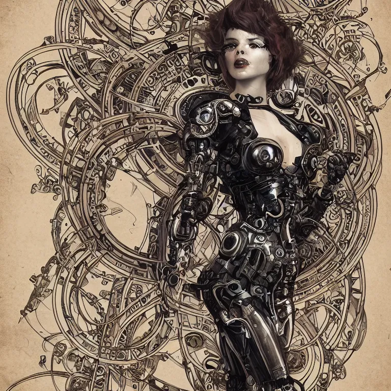 Image similar to ultra realistic illustration of a retro futuristic female cyborg punk art nouveau filgree scrollwork, masterpiece, intricate, highly detailed, sharp